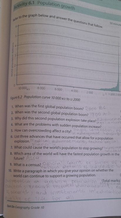 Activity 6.1 Population growth 
Refer to the graph below and answer th
50 minute
1 1 000 2 00 
1. When was the first global population boom? 
2. When was the second global population boom? 
3. Why did this second population explosion take place? 
4. What are the problems with sudden population increase? 
5. How can overcrowding affect a city? 
6. List three advances that have occurred that allow for a population 
explosion. 
7. What could cause the world's population to stop growing? 
8. Which area of the world will have the fastest population growth in the 
future? 
9. What is a census? 
10. Write a paragraph in which you give your opinion on whether the 
world can continue to support a growing population. 
Total mark$: 
Spot On Geography Grade 10