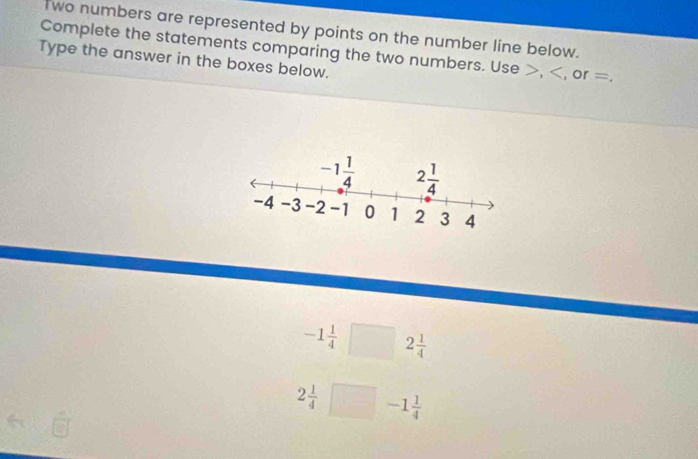 Iwo numbers are represented by points on the number line below.
Complete the statements comparing the two numbers. Use >,
-1 1/4  2 1/4 
2 1/4  -1 1/4 