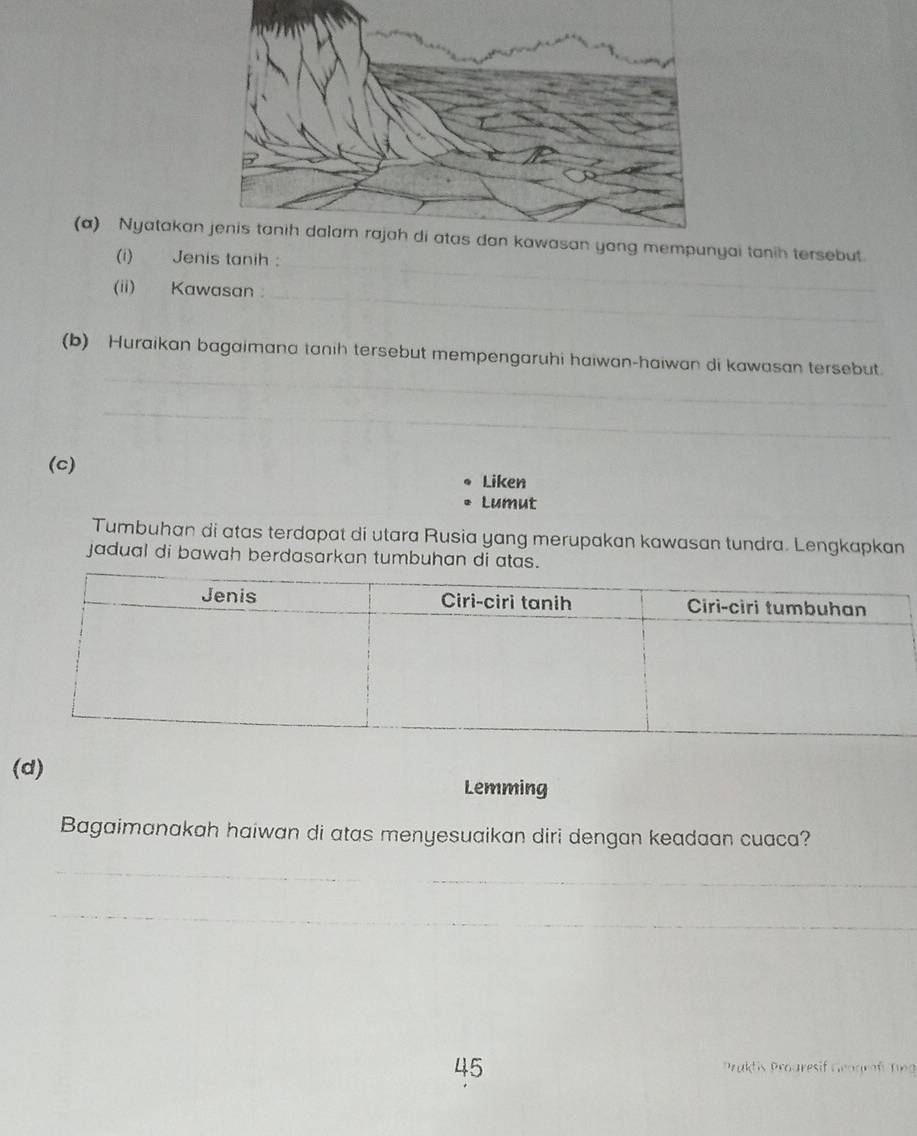 Nyatakan jenis tanih dalam rajah di atas dan kawasan yong mempunyai tanih tersebut. 
(i) Jenis tanih : 
(ii) Kawasan_ 
_ 
__ 
(b) Huraikan bagaimana tanih tersebut mempengaruhi haiwan-haiwan di kawasan tersebut. 
_ 
(c) Liken 
Lumut 
Tumbuhan di atas terdapat di utara Rusia yang merupakan kawasan tundra. Lengkapkan 
jadual di bawah berdasarkan tumbuhan di atas. 
(d) 
Lemming 
Bagaimanakah haiwan di atas menyesuaikan diri dengan keadaan cuaca? 
_ 
_ 
_ 
45 Praktis Proaresif Geograf Tng