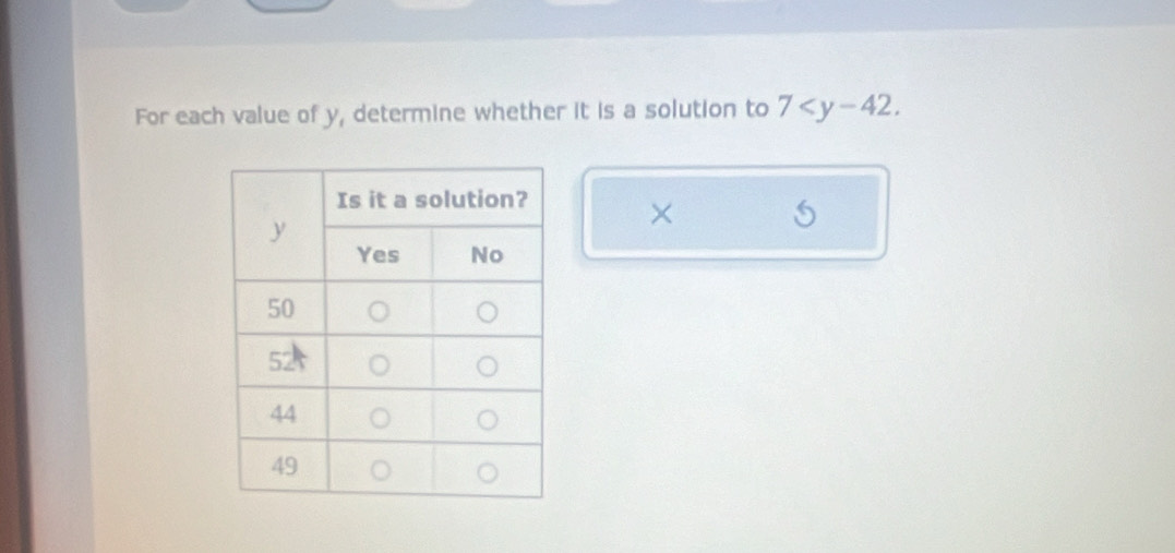 For each value of y, determine whether it is a solution to 7 . 
×