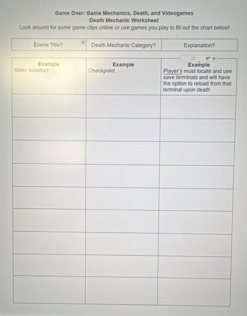 Game Over: Game Mechanics, Death, and Videogames
Death Mechanic Worksheet
Look around for some game clips online or use games you play to fill out the chart below!