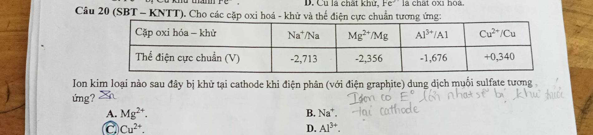 D. Cu là chất khứ, Fe^(3+) là chất ox1 hoà.
Câu 20 (SBT - KNTT). Cho các cặp oxi hoá - khử và thế điện cực chuẩn tương ứng:

Ion kim loại nào sau đây bị khử tại cathode khi điện phân (với điện graphite) dung dịch muối sulfate tương
úng? n
A. Mg^(2+). B. Na⁺.
a Cu^(2+).
D. Al^(3+).