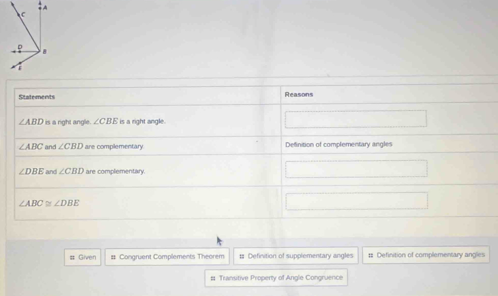 # Given # Congruent Complements Theorem # Definition of supplementary angles :: Definition of complementary angles
# Transitive Property of Angle Congruence