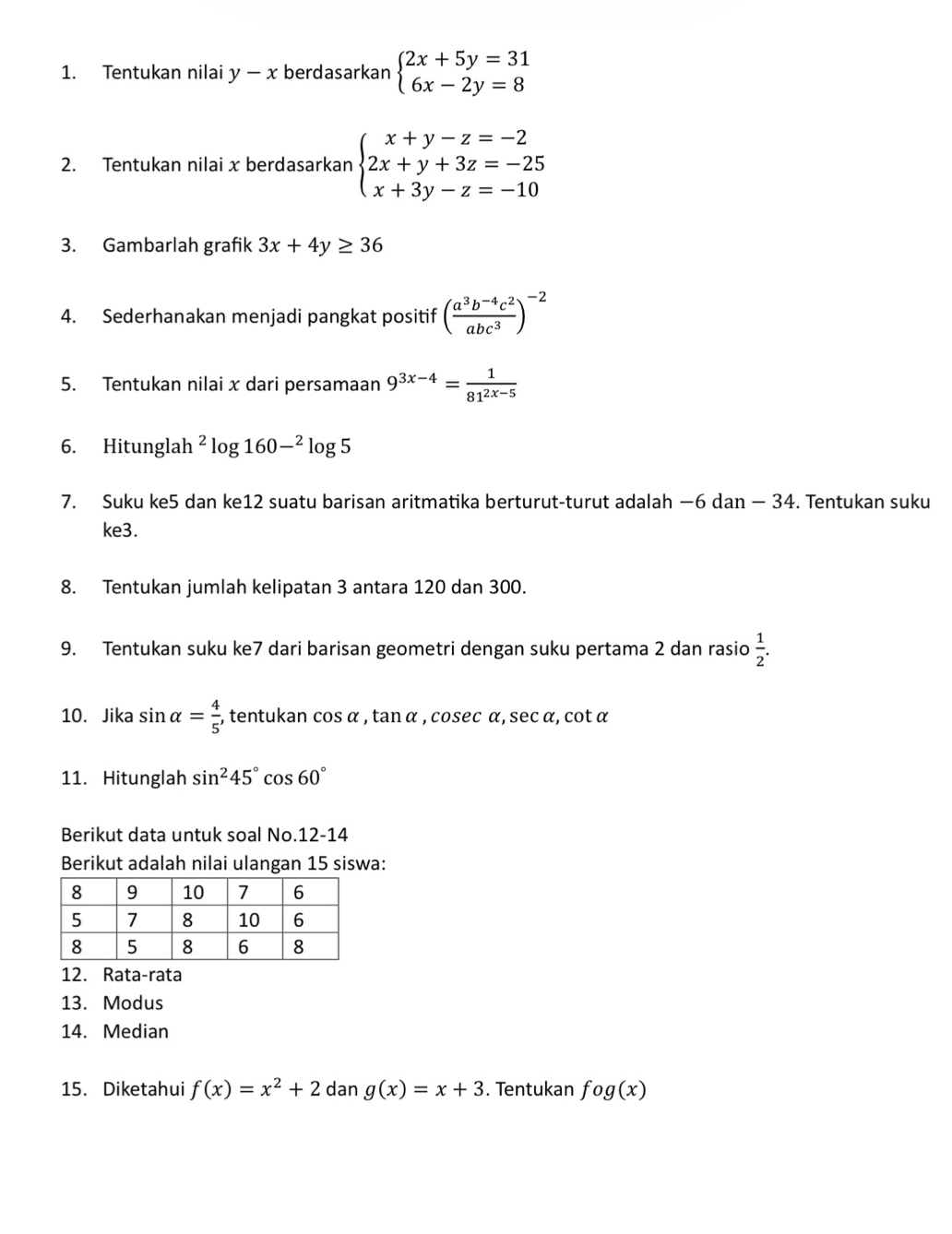 Tentukan nilai y-x berdasarkan beginarrayl 2x+5y=31 6x-2y=8endarray.
2. Tentukan nilai x berdasarkan beginarrayl x+y-z=-2 2x+y+3z=-25 x+3y-z=-10endarray.
3. Gambarlah grafik 3x+4y≥ 36
4. Sederhanakan menjadi pangkat positif ( (a^3b^(-4)c^2)/abc^3 )^-2
5. Tentukan nilai x dari persamaan 9^(3x-4)= 1/81^(2x-5) 
6. Hitunglah^2log 160-^2log 5
7. Suku ke5 dan ke12 suatu barisan aritmatika berturut-turut adalah −6 dan − 34. Tentukan suku 
ke3. 
8. Tentukan jumlah kelipatan 3 antara 120 dan 300. 
9. Tentukan suku ke7 dari barisan geometri dengan suku pertama 2 dan rasio  1/2 . 
10. Jika sin alpha = 4/5 , :, tentukan cos α , tan α , cosec α, sec α, cot α
11. Hitunglah sin^245°cos 60°
Berikut data untuk soal No.12-14 
Berikut adalah nilai ulangan 15 siswa: 
12. Rata-rata 
13. Modus 
14. Median 
15. Diketahui f(x)=x^2+2 dan g(x)=x+3. Tentukan fog(x)