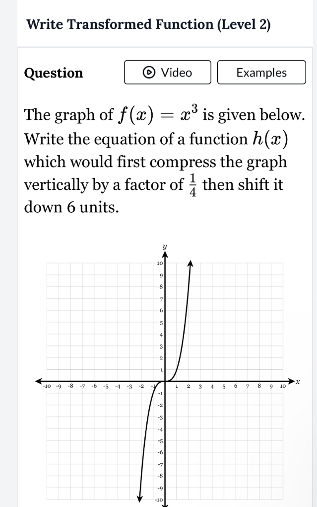 Write Transformed Function (Level 2) 
Question Video Examples 
The graph of f(x)=x^3 is given below. 
Write the equation of a function h(x)
which would first compress the graph 
vertically by a factor of  1/4  then shift it 
down 6 units.
-10