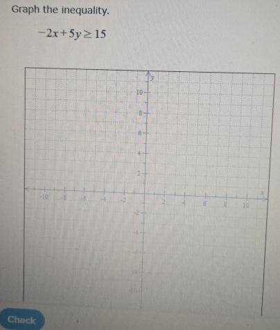 Graph the inequality.
-2x+5y≥ 15
Check