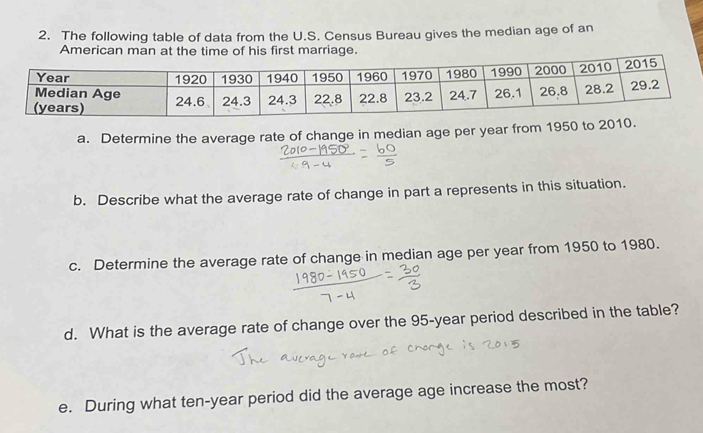 The following table of data from the U.S. Census Bureau gives the median age of an 
American man at the time of his first marriage. 
a. Determine the average rate of change in median age per year from 1950 to 2010. 
b. Describe what the average rate of change in part a represents in this situation. 
c. Determine the average rate of change in median age per year from 1950 to 1980. 
d. What is the average rate of change over the 95-year period described in the table? 
e. During what ten-year period did the average age increase the most?