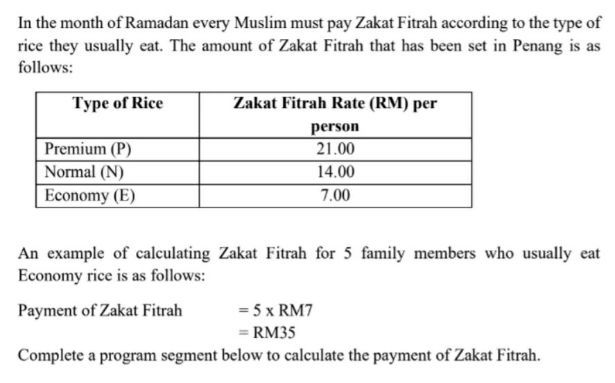 In the month of Ramadan every Muslim must pay Zakat Fitrah according to the type of 
rice they usually eat. The amount of Zakat Fitrah that has been set in Penang is as 
follows: 
An example of calculating Zakat Fitrah for 5 family members who usually eat 
Economy rice is as follows: 
Payment of Zakat Fitrah =5* RM7
=RM35
Complete a program segment below to calculate the payment of Zakat Fitrah.