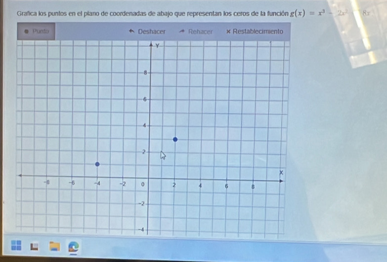 Grafica los puntos en el plano de coordenadas de abajo que representan los ceros de la función g(x)=x^3-2x^2 8x