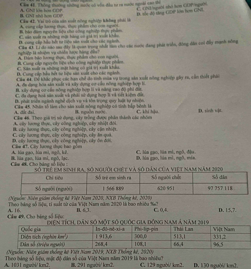 Thông thường những nước có vốn đầu tư ra nước nguài cao thì
A. GNI lớn hợn GDP.
C. GNI/người nhỏ hơn GDP/người.
B. GNI nhà hơn GDP.
D. tốc độ tăng GDP lớn hơn GNI.
Câu 42. Vai trò của sản xuất nông nghiệp không phái là
A. cùng cấp lương thực, thực phẩm cho con người.
B bảo đảm nguyên liệu cho công nghiệp thực phẩm.
C. sản xuất ra những mặt hàng có giả trị xuất khẩu
D. cung cấp hầu hết tư liệu sản xuất cho các ngành.
Cân 43. Lí do nào sau đây là quan trọng nhất lâm cho các nước đang phát triển, động dân coi đầy mạnh nông
nghiệp là nhiệm vụ chiến lược hàng đầu?
A. Đảm bảo lương thực, thực phẩm cho con người.
B. Cung cấp nguyên liệu cho công nghiệp thực phẩm.
C. Sản xuất ra những mặt hàng cổ giá trị xuất khẩu.
D. Cung cấp hầu hết từ liệu sản xuất cho các ngành.
Câu 44. Để khắc phục các hạn chể do tính mùa vụ trong sản xuất nông nghiệp gây ra, cần thiết phải
A. đa dạng hóa sản xuất và xây dựng cơ cầu nông nghiệp hợp lí.
B. xây dựng cơ cầu nông nghiệp hợp lí và nâng cao độ phì đất.
C. đa dạng hoá sản xuất và phải sử dụng hợp lí và tiết kiệm đất.
D. phát triển ngành nghề dịch vụ và tôn trọng quy luật tự nhiện.
Câu 45. Nhân tố làm cho sản xuất nông nghiệp có tính bấp bênh là
A. đất đai. B. nguồn nước. C. khí hậu. D. sinh vật.
Câu 46. Theo giá trị sử dụng, cây trồng được phân thành các nhóm
A. cây lương thực, cây công nghiệp, cây nhiệt đới.
B. cây lương thực, cây công nghiệp, cây cận nhiệt.
C. cây lương thực, cây công nghiệp, cây ăn quả.
D. cây lương thực, cây công nghiệp, cây ôn đới.
Câu 47. Cây lương thực bao gồm
A. lúa gạo, lúa mì, ngô, kê. C. lúa gạo, lúa mì, ngô, đậu.
B. lúa gạo, lúa mì, ngô, lạc. D. lúa gạo, lúa mì, ngô, mía.
Câu 48. Cho bảng số liệu :
SÓ tRẻ EM sINH rA, SÓ ngưỜI CHÉt và SÓ dân củA VIệT NAM năm 2020
(Nguồn: Niên giám thống kê Việt Nam 2020, NXB Thống kê, 2020)
Theo bảng số liệu, tỉ suất tử của Việt Nam năm 2020 là bao nhiêu ‰?
A. 16. B. 6,3. C. 0,4. D. 15,7.
Câu 49. Cho bảng số liệu:
TÍcH, DâN SÓ một SÓ QUỐC GIA đỒNG nAm Á năm 2019
(Nguồn: Niên giám thống kê Việt Nam 2019, NXB Thổng kê, 2020)
Theo bảng số liệu, mật độ dân số của Việt Nam năm 2019 là bao nhiêu?
A. 1031 người/ km2. B. 291 người/ km2. C. 129 người/ km2. D. 130 người/ km2.