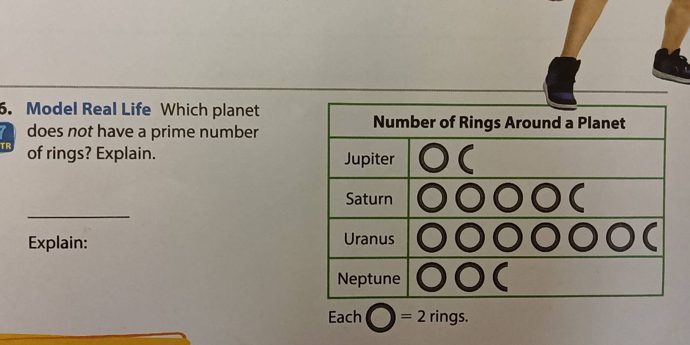 Model Real Life Which planet 
does not have a prime number 
TR of rings? Explain. 
_ 
Explain: 
Each =2rings.