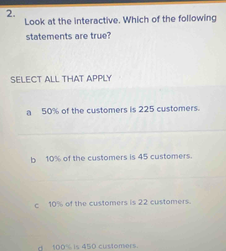 Look at the interactive. Which of the following
statements are true?
SELECT ALL THAT APPLY
a 50% of the customers is 225 customers.
b 10% of the customers is 45 customers.
c 10% of the customers is 22 customers.
d 100% is 450 customers.