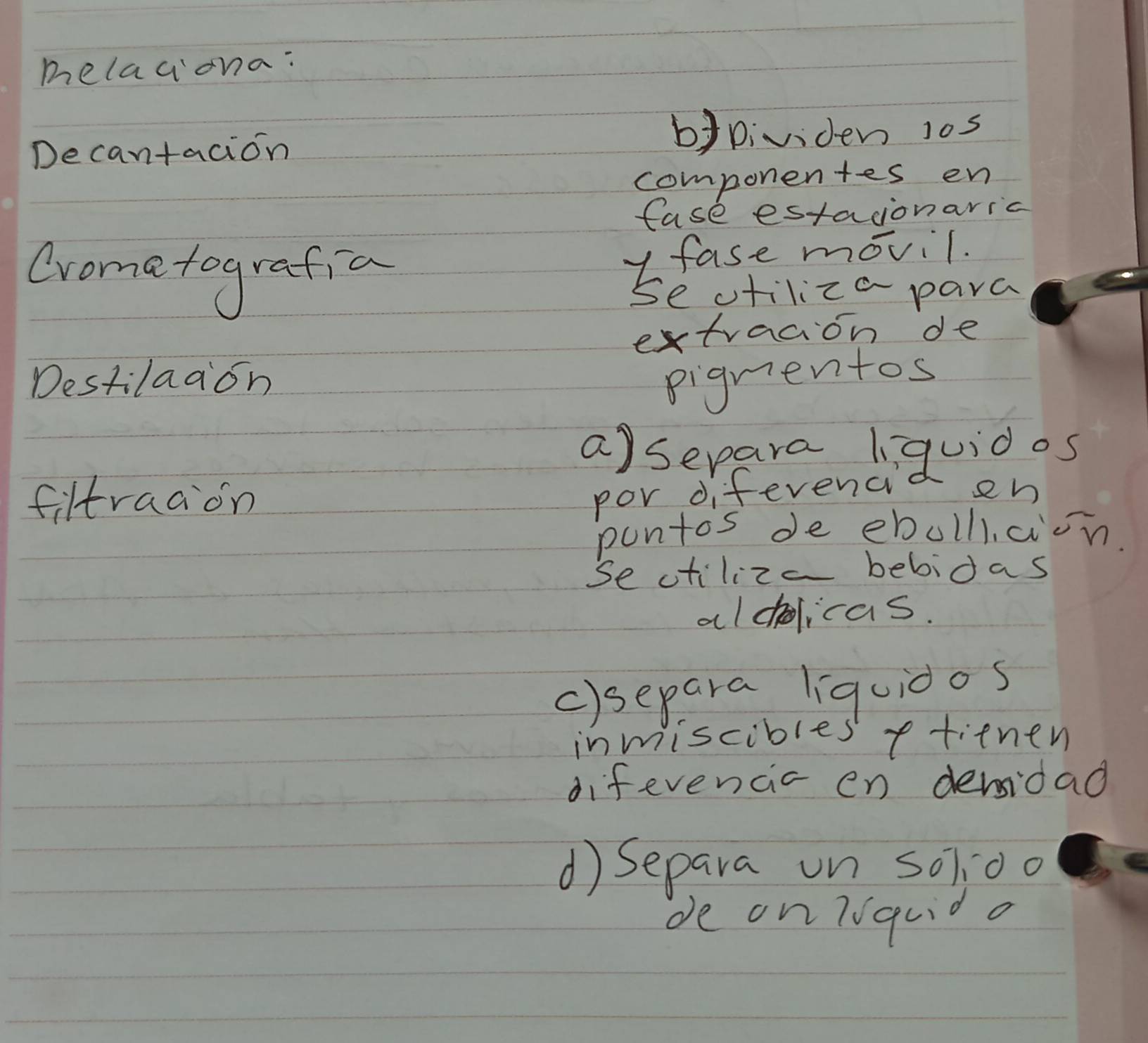 melaciona: 
Decantacion 
bypividen 10s
componentes en 
fase estacionaric 
Croma tografia y fase movil. 
sevtiliza para 
extracion de 
Destilaaon 
pignientos 
a)sevaraliquidos 
filtraaion por diferenc en 
pontos de ebolliicion. 
Sectiliz bebidas 
aldolicas. 
c)separa liquidos 
inmiscibles' ftienen 
difevencic en denidad 
d Separa on soldo 
de on lquido