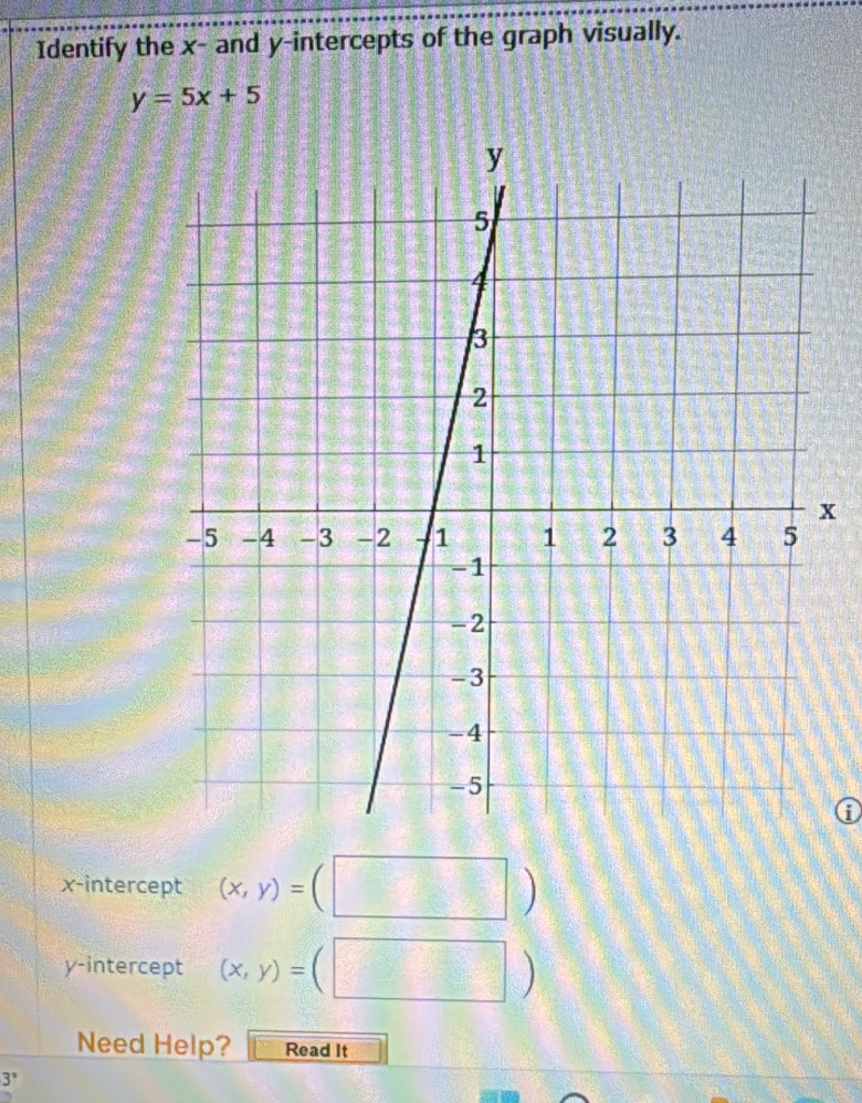 Identify the x - and y-intercepts of the graph visually.
y=5x+5
x
0
x-intercept (x,y)=(□ )
y-intercept (x,y)=(□ )
Need Help? Read It
3°