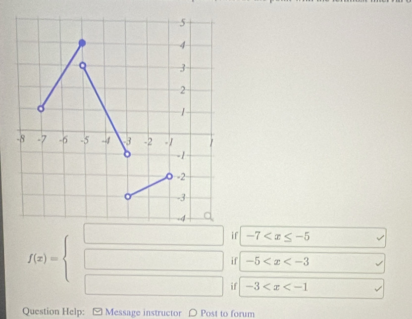 if -7
if -5
f(x)=beginarrayl □  □ endarray. if -3
Question Help: Message instructor D Post to forum