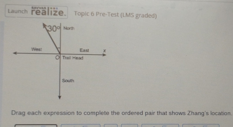 SAVVAS
Launch realize Topic 6 Pre-Test (LMS graded)
Drag each expression to complete the ordered pair that shows Zhang's location.