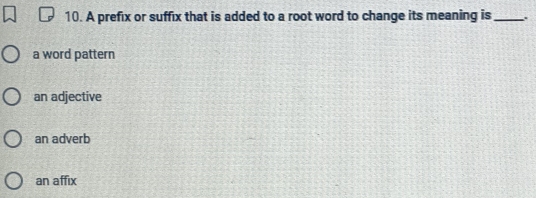 A prefix or suffix that is added to a root word to change its meaning is _.
a word pattern
an adjective
an adverb
an affix