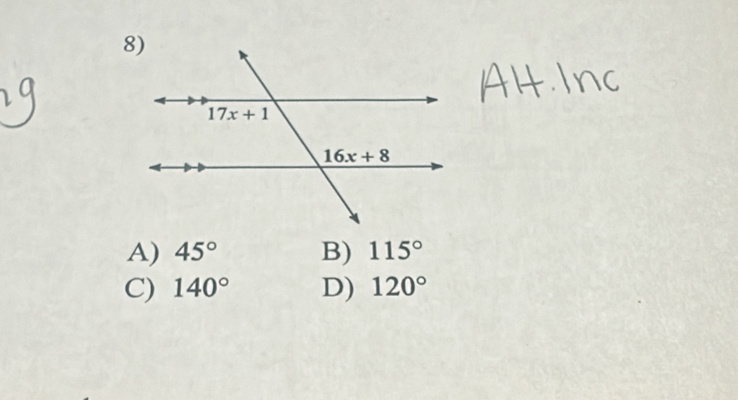 A) 45° B) 115°
C) 140° D) 120°