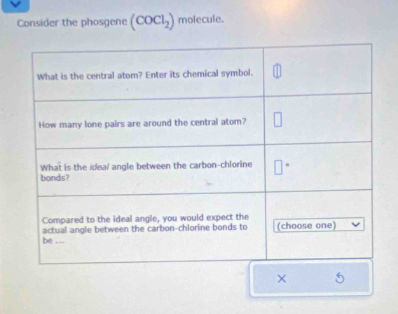 Consider the phosgene (COCl_2) molecule.
× 5