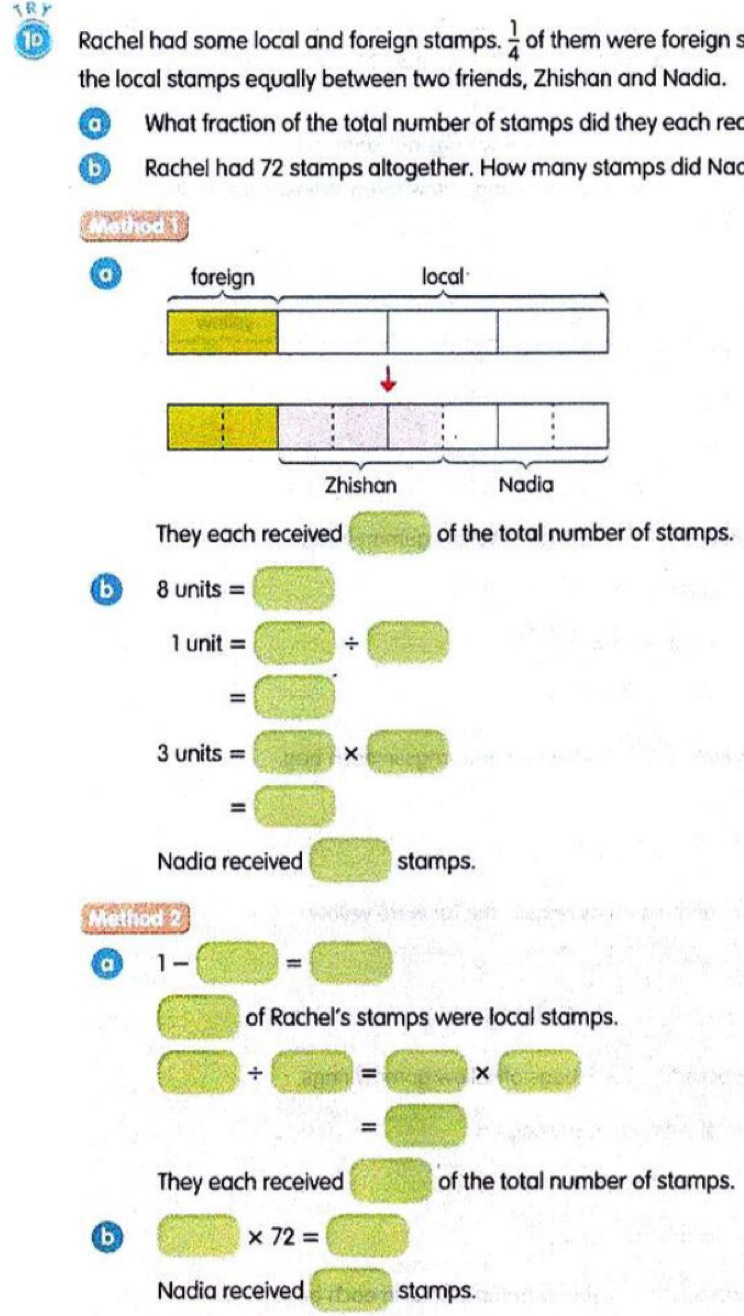 ( R )
Rachel had some local and foreign stamps.  1/4  of them were foreign s
the local stamps equally between two friends, Zhishan and Nadia.
a What fraction of the total number of stamps did they each rec
b Rachel had 72 stamps altogether. How many stamps did Nad
Method 1
a
They each received □ of the total number of stamps.
b 8units=□
1unit=□ / □
□  =□ □ 
3units=□ * □
□  =□
Nadia received □ stamps.
Method 2
a 1-□ =□
□ of Rachel’s stamps were local stamps.
□ / □ =□ * □
=□
They each received □ of the total number of stamps.
b □ * 72=□
Nadia received 24000 stamps.