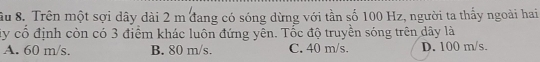 Su 8. Trên một sợi dây dài 2 m đang có sóng dừng với tần số 100 Hz, người ta thấy ngoài hai
y cổ định còn có 3 điểm khác luôn đứng yên. Tốc độ truyền sóng trên dây là
A. 60 m/s. B. 80 m/s. C. 40 m/s. D. 100 m/s.