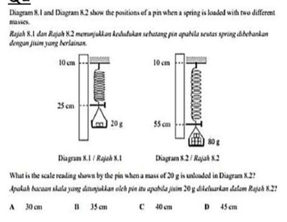 Diagram 8.1 and Diagram 8.2 show the positions of a pin when a spring is loaded with two different
masses.
Rajah 8.1 dan Rajah 8.2 menunjukkan kedudukan sebatang pin apabila seutas spring dibebankan
dengan jisim yang berlainan.
10 cm
25 cm
20 g
Diagram 8.1 / Rajah 8.1 
What is the scale reading shown by the pin when a mass of 20 g is unloaded in Diagram 8.2?
Apakah bacaan skala yang ditunjukkan oleh pin itu apabila jisim 20 g dikelvarkan dalam Rajah 8.2?
A 30 cm B 35 cm C 40 cm D 45 cm