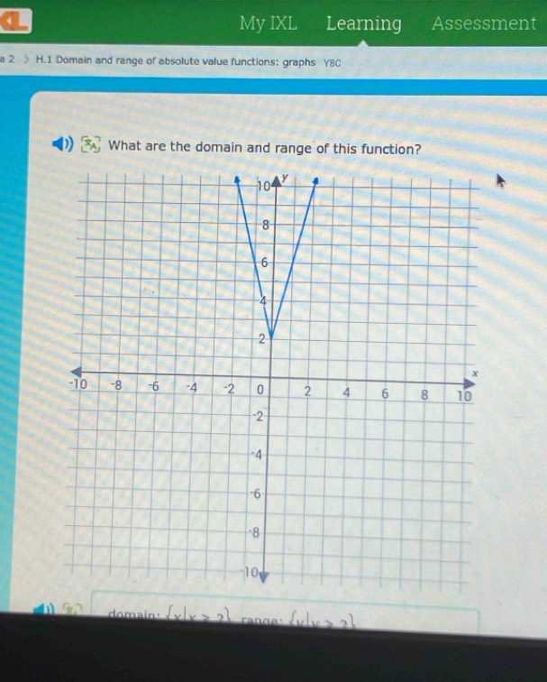 My IXL Learning Assessment 
a 2 > H.1 Domain and range of absolute value functions: graphs Y8C 
) What are the domain and range of this function? 
domain  x|x>2  x|x≥slant 2