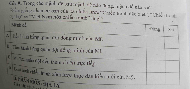 Trong các mệnh đề sau mệnh đề nào đúng, mệnh đề nào sai? 
Điểm giống nhau cơ bản của ba chiến lược “Chiến tranh đặc biệt”, “Chiến tranh 
cục bộ” và “Việt Nam hóa chiến tr 
10: Đườmg