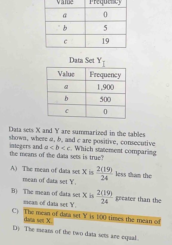 Solved: Value Data Set Y Y Data sets X and Y are summarized in the ...