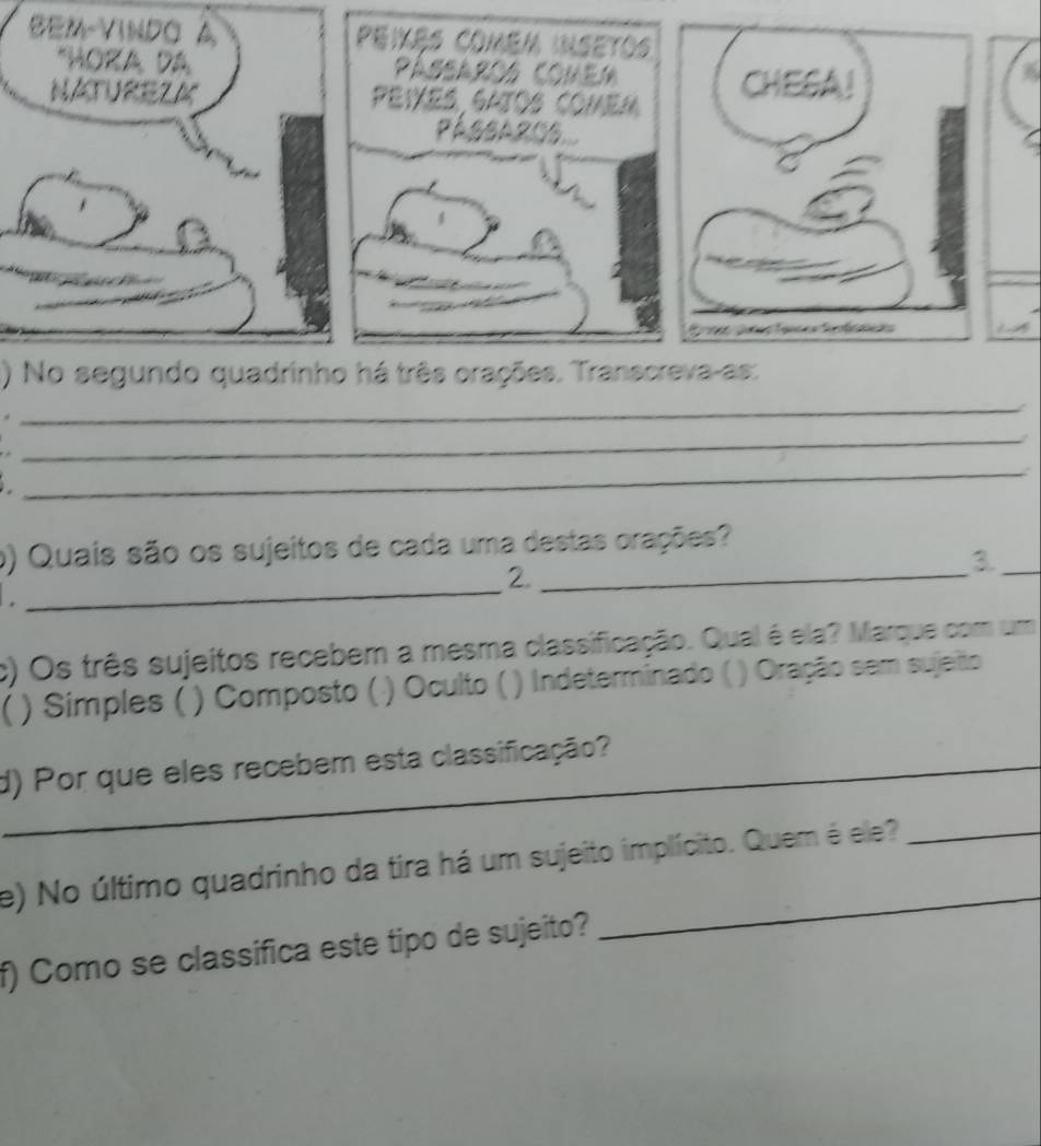 ) No segundo quadrinho há três orações. Transcreva-as:
_
_
_
:
o) Quais são os sujeitos de cada uma destas orações?
3._
_
2._

c) Os três sujeitos recebem a mesma classificação. Qual é ela? Marque com um
( ) Simples ( ) Composto ( ) Oculto ( ) Indeterminado ( ) Oração sem sujeito
_d) Por que eles recebem esta classificação?
_
e) No último quadrinho da tira há um sujeito implícito. Quem é ele?_
f) Como se classifica este tipo de sujeito?