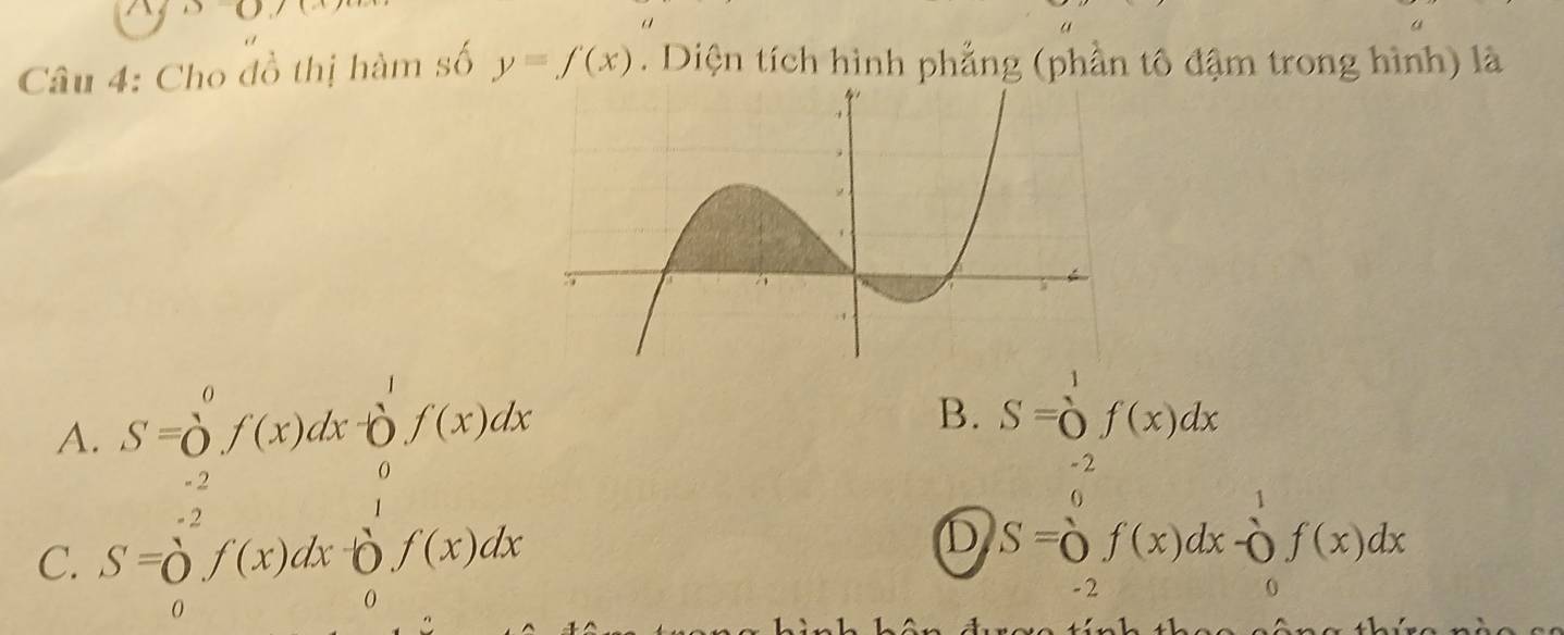 Cho đồ thị hàm số y=f(x). Diện tích hình phẳng (phần tô đậm trong hình) là
A. S=0^0f(x)dx-b'f(x)dx
B. S=beginarrayr 1 Oendarray f(x)dx
- 2
- 2
C. S=sumlimits^(-2)f(x)dx f(x)dx
D S=sumlimits _0^0f(x)dx-sumlimits _0^1f(x)dx
0
- 2