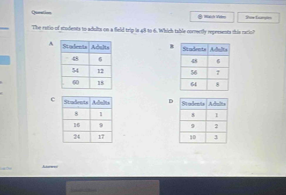 Quertion 
* Wzich Wien Stow Esangies 
The ratio of students to adults on a field trip is 48 to 6. Which table correctly represents this ratio? 
A B 



C D 


De Answer