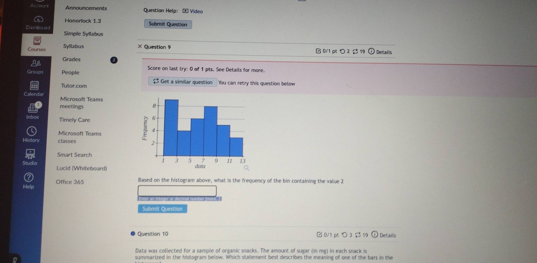 Announcements Question Help: Video 
Honorlock 1.3 Submit Question 
Dashboard 
Simple Syllabus 
Courses Syllabus × Question 9 □ 0/1 pt つ 2 % 19 ) Details 
LB Grades 
Score on last try: 0 of 1 pts. See Details for more. 
Groups People 
Get a similar question You can retry this question below 
Tutor.com 
Calendar 
Microsoft Teams 
meetings 
8 
Inbox Timely Care 
4 
Microsoft Teams 
6 
History classes 2 
Smart Search
1 3 5 7 9 11 13 
Studio data a 
Lucid (Whiteboard) 
Office 365 Based on the histogram above, what is the frequency of the bin containing the value 2 
Help 
Enter an integer or decimal number 
Submit Question 
Question 10 □ 0/1 pt つ 3 % 19 Details 
Data was collected for a sample of organic snacks. The amount of sugar (in mg) in each snack is 
summarized in the histogram below. Which statement best describes the meaning of one of the bars in the