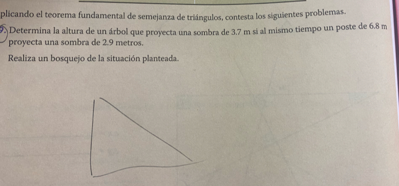 plicando el teorema fundamental de semejanza de triángulos, contesta los siguientes problemas. 
9 Determina la altura de un árbol que proyecta una sombra de 3.7 m si al mismo tiempo un poste de 6.8 m
proyecta una sombra de 2.9 metros. 
Realiza un bosquejo de la situación planteada.