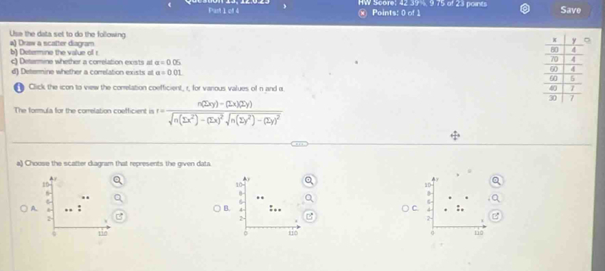 HW Score: 42.39%, 9.75 of 23 points
Part 1 of 4 ⓧ Points: 0 of 1 Save
Use the data set to do the following 
a) Draw a scatter diagram 
b) Determine the value off r
c) Detanmine whether a correlation exists at alpha =0.05
d) Determine whether a correlation exists at a=0.01
Click the icon to view the correlation coefficient, r, for vanous values of n and α
The formula for the correlation coefficient is r=frac n(2xy)-(2x)(2y)sqrt(n(sumlimits x^2)-(sumlimits x)^2)sqrt(n(sumlimits y^2)-(sumlimits y)^2)
a) Choose the scatter diagram that represents the given data.
A7
10
10
10
0
B
C
6
A
B. 4
C.
2
2
2
130 。 110 110