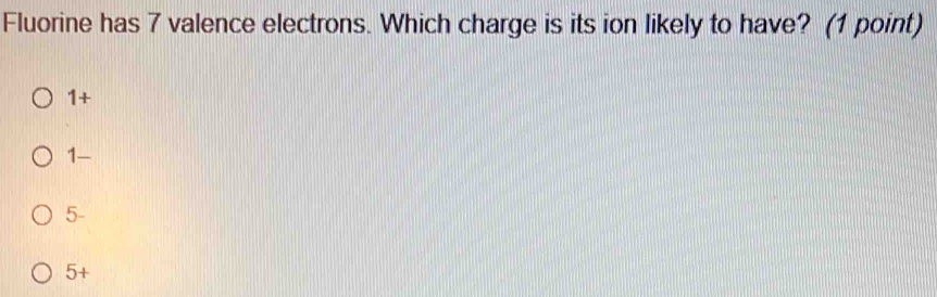 Fluorine has 7 valence electrons. Which charge is its ion likely to have? (1 point)
1+
1-
0°
5+