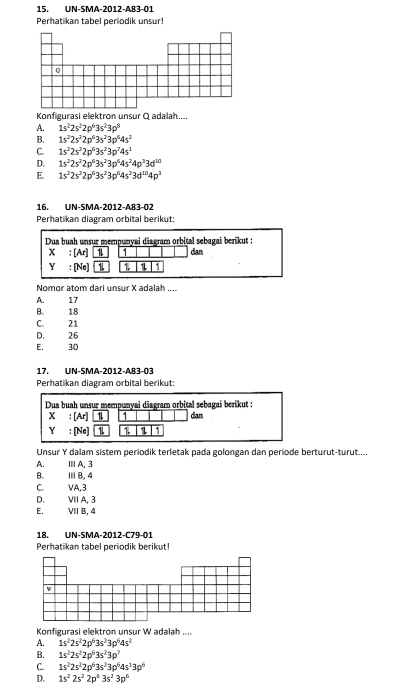 UN-SMA-2012-A83-01
Perhatikan tabel periodik unsur!
Konfigurasi elektron unsur Q adalah....
A. 1s^22s^22p^63s^23p^8
B. 1s^22s^22p^63s^23p^64s^2
C. 1s^22s^22p^63s^23p^74s^1
D. 1s^22s^22p^63s^23p^64s^24p^33d^(10)
E. 1s^22s^22p^63s^23p^64s^23d^(10)4p^3
16. UN-SMA-2012-A83-02
Perhatikan diagram orbital berikut:
Dua buah unsur mempunyai diagram orbital sebagai berikut :
x ; [Ar] 1 dan
Y : [Ne] 1 1 1 1
Nomor atom dari unsur X adalah ....
A. 17
B. 18
C. 21
D. 26
E. 30
17. UN-SMA-2012-A83-03
Perhatikan diagram orbital berikut:
Unsur Y dalam sistem periodik terletak pada golongan dan periode berturut-turut....
A. ⅢA,3
B. I B, 4
C. VA,3
D. VII A, 3
E. VII B, 4
18. UN-SMA-2012-C79-01
Perhatikan tabel periodik berikut!
Konfigurasi elektron unsur W adalah ....
A. 1s^22s^22p^63s^23p^64s^2
B. 1s^22s^22p^63s^23p^7
C. 1s^22s^22p^63s^23p^64s^13p^6
D. 1s^22s^22p^63s^23p^6