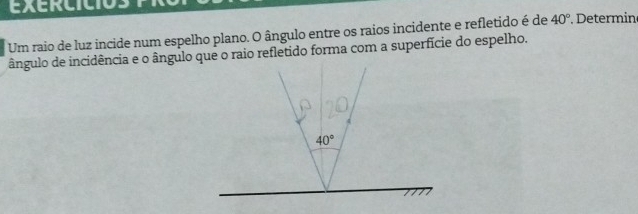 exerciciosPxo.
Um raio de luz incide num espelho plano. O ângulo entre os raios incidente e refletido é de 40° Determin
ângulo de incidência e o ângulo que o raio refletido forma com a superfície do espelho.