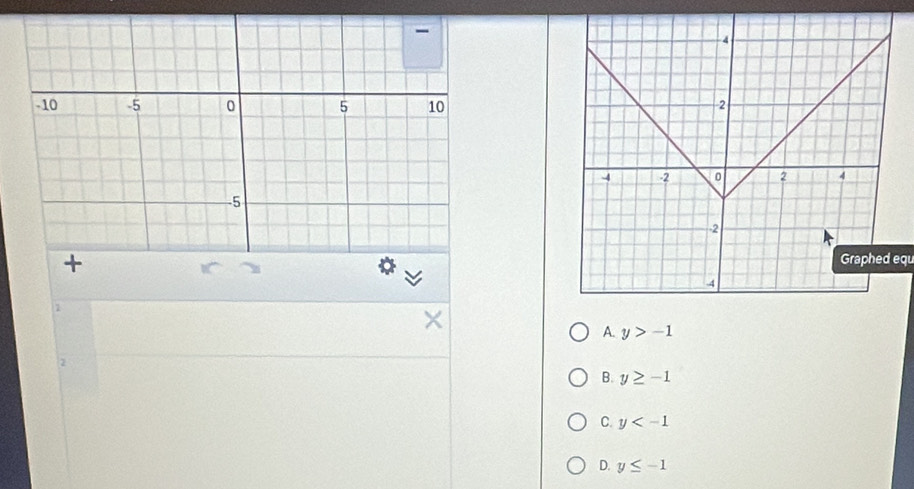 Graphed equ
1
A. y>-1
2
B. y≥ -1
C. y
D. y≤ -1