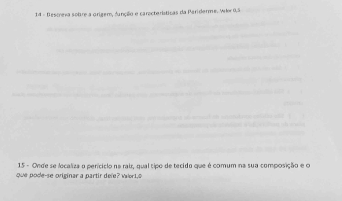 Descreva sobre a origem, função e características da Periderme. Valor 0,5
15 - Onde se localiza o periciclo na raiz, qual tipo de tecido que é comum na sua composição e o 
que pode-se originar a partir dele? Valor1, 0