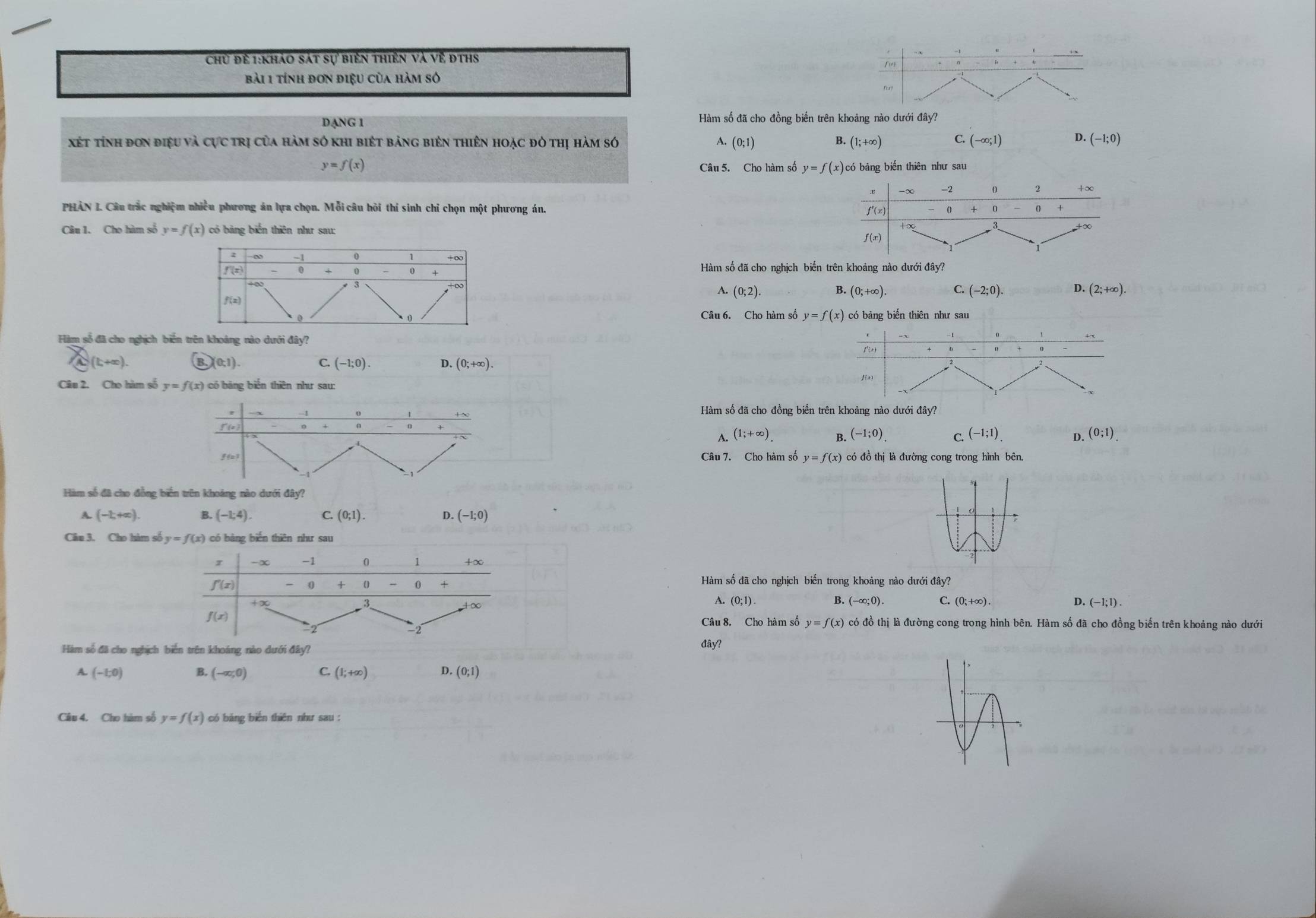 chủ để 1:Khảo sát sự biển thiên và về đThS
bài 1 tính đơn điệu của hàm số
DANG 1 Hàm số đã cho đồng biến trên khoảng nào dưới đây?
B.
C.
D.
xét tính đơn điệu và cực trị của hàm số khi biét bảng biên thiên hoặc đỏ thị hàm sớ A. (0;1) (1;+∈fty ) (-∈fty ;1) (-1;0)
y=f(x)
Câu 5. Cho hàm số y=f(x) có bảng biến thiên như sau
-∞ -2 0 2
PHAN I. Câu trắc nghiệm nhiều phương án lựa chọn. Mỗi câu hỏi thí sinh chỉ chọn một phương án. +
f'(x)
+
Câu 1. Cho hàm số y=f(x) có bảng biến thiên như sau:
+x
f(x)
Hàm số đã cho nghịch biến trên khoảng nào dưới đây?
C.
D.
A. (0;2). B. (0;+∈fty ). (-2;0) (2;+∈fty ).
Câu 6. Cho hàm số y=f(x) có bảng biến thiên như sau
Hàm số đã cho nghịch biến trên khoảng nào dưới đây?
x_(k+∈fty ).
1'x)
B )(0;1).
C (-1;0). D. (0;+∈fty ).
j(x)
Câu 2. Cho hàm số y=f(x) có bàng biến thiên như sau:
Hàm số đã cho đồng biến trên khoảng nào dưới đây?
A. (1;+∈fty ). (-1;0) (-1;1) D. (0;1)
B.
C.
Câu 7. Cho hàm số y=f(x) có đồ thị là đường cong trong hình bên.
Hàm số đã cho đồng biến trên khoảng nào dưới đây?
A. (-1,+∈fty ) B. (-1;4). C. (0;1). D. (-1;0)
Câu 3. Cho hàm 
Hàm số đã cho nghịch biến trong khoảng nào dưới đây?
A. (0;1). B. (-∈fty ;0). C. (0;+∈fty ). D. (-1;1).
Câu 8. Cho hàm số y=f(x) có đồ thị là đường cong trong hình bên. Hàm số đã cho đồng biến trên khoảng nào dưới
Hàm số đã cho nghịch biến trên khoáng nào dưới đây? đây?
A (-1;0)
B. (-∈fty ,0) C. (1;+∈fty ) D. (0;1)
Câu 4. Cho hàm số y=f(x) có băng biến thiên như sau :