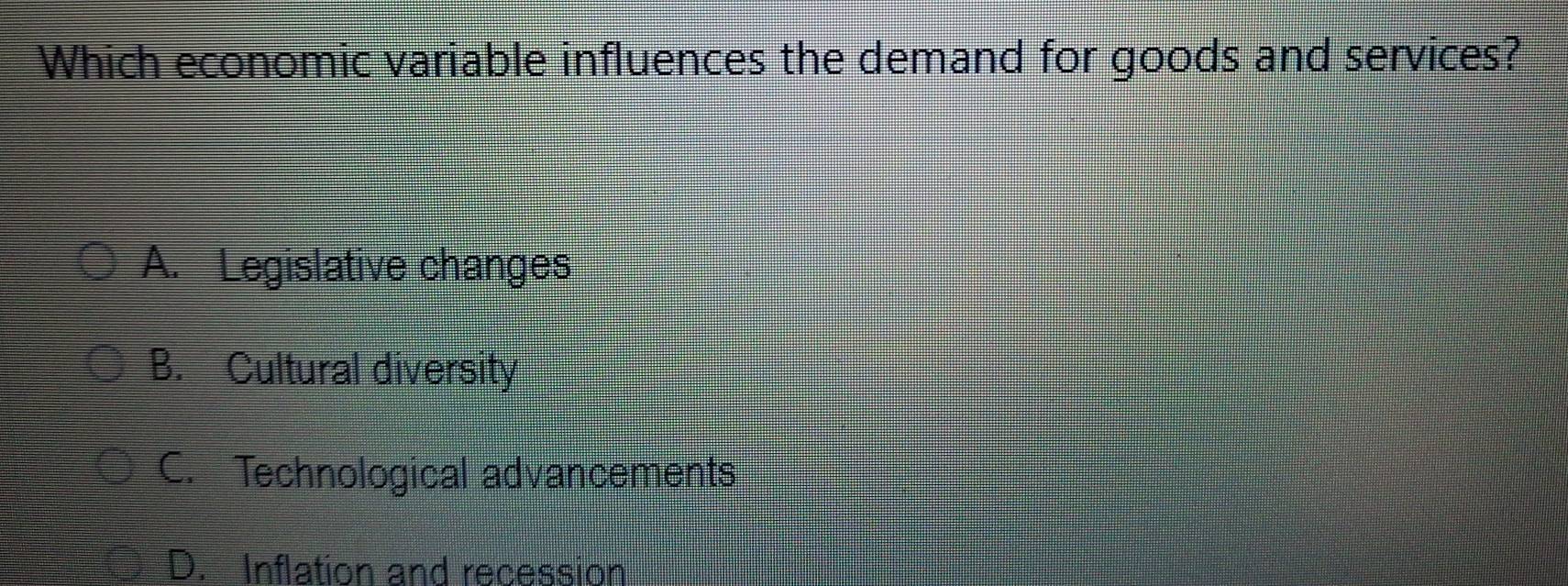 Which economic variable influences the demand for goods and services?
A. Legislative changes
B. Cultural diversity
C. Technological advancements
D. Inflation and recession