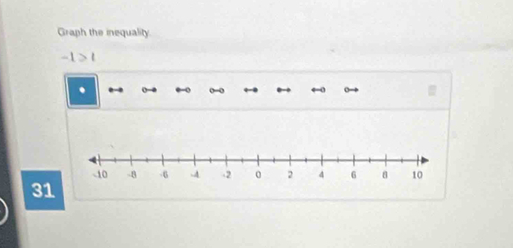 Graph the inequality
-1>t. 
31