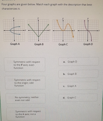 Four graphs are given below. Match each graph with the description that best
characterizes it.
Graph A Graph B Graph C Graph D
Symmetric with respect
to the Y-axis; even a. Graph D
function
b. Graph B
Symmetric with respect
function to the origin; odd
e, Graph A
d， Graph C
No symmetry; neither even nor odd
Symmetric with respect
function to the x-axis; not a