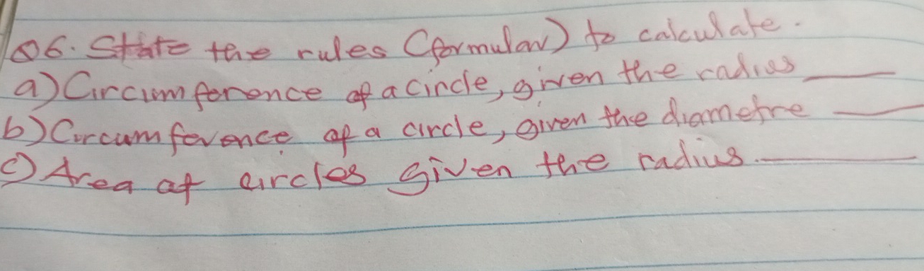 Solved: Stare the rules Cformular ) to calculare. aCircimference of a ...