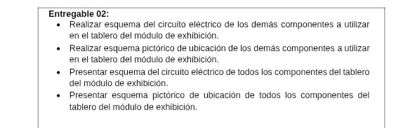 Entregable 02: 
Realizar esquema del circuito eléctrico de los demás componentes a utilizar 
en el tablero del módulo de exhibición. 
Realizar esquema pictórico de ubicación de los demás componentes a utilizar 
en el tablero del módulo de exhibición. 
Presentar esquema del circuito eléctrico de todos los componentes del tablero 
del módulo de exhibición. 
Presentar esquema pictórico de ubicación de todos los componentes del 
tablero del módulo de exhibición.