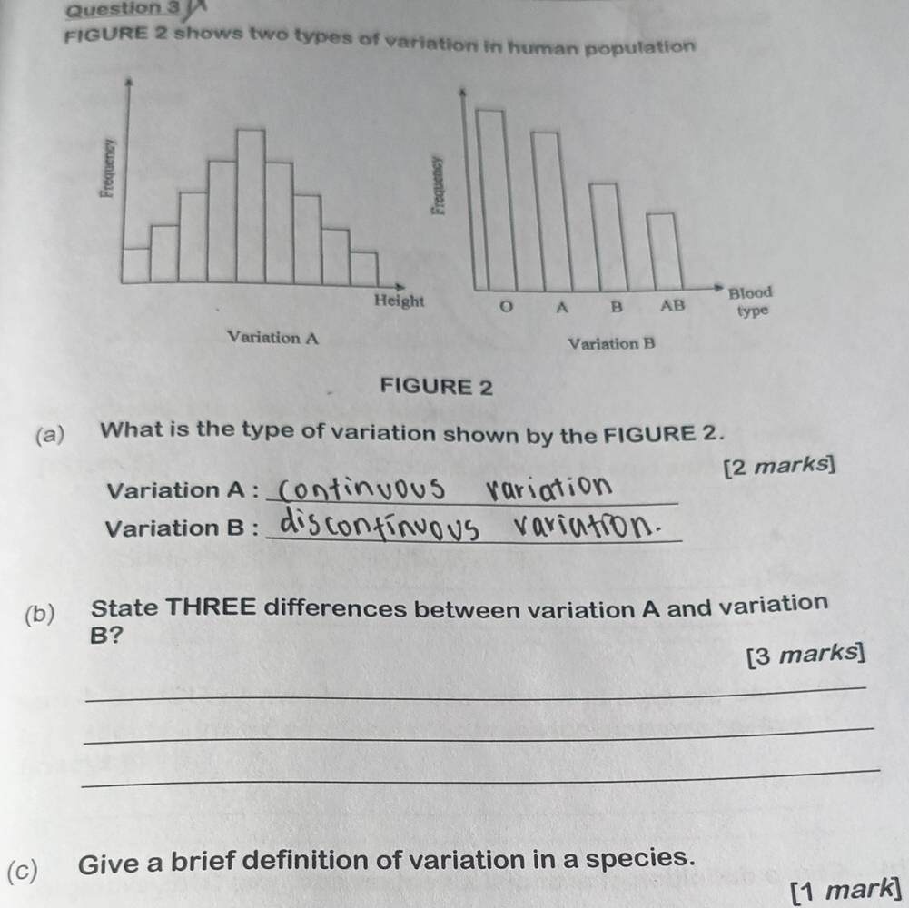 FIGURE 2 shows two types of variation in human population 
FIGURE 2 
(a) What is the type of variation shown by the FIGURE 2. 
_ 
Variation A : [2 marks] 
_ 
Variation B : 
(b) State THREE differences between variation A and variation 
B? 
[3 marks] 
_ 
_ 
_ 
(c) Give a brief definition of variation in a species. 
[1 mark]