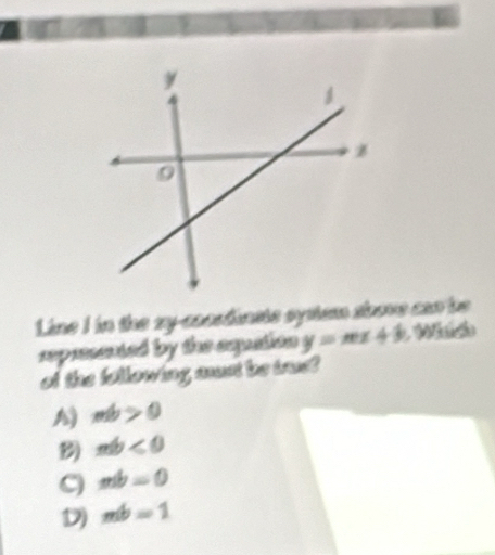 Line I in the zy-coondinste system ahove can be
represented by the equation y=mx+3, W_35 a
of the following mst be trus?
A) mb>0
B) mb<0</tex>
9 mb=0
D) mb=1