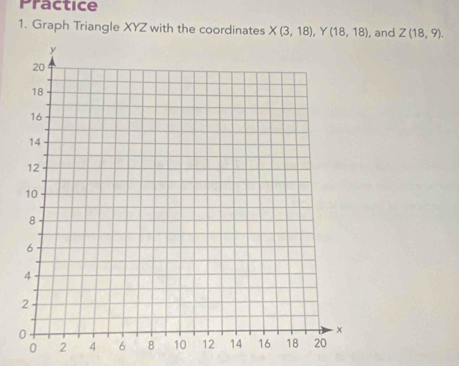 Practice 
1. Graph Triangle XYZ with the coordinates X(3,18), Y(18,18) , and Z(18,9).