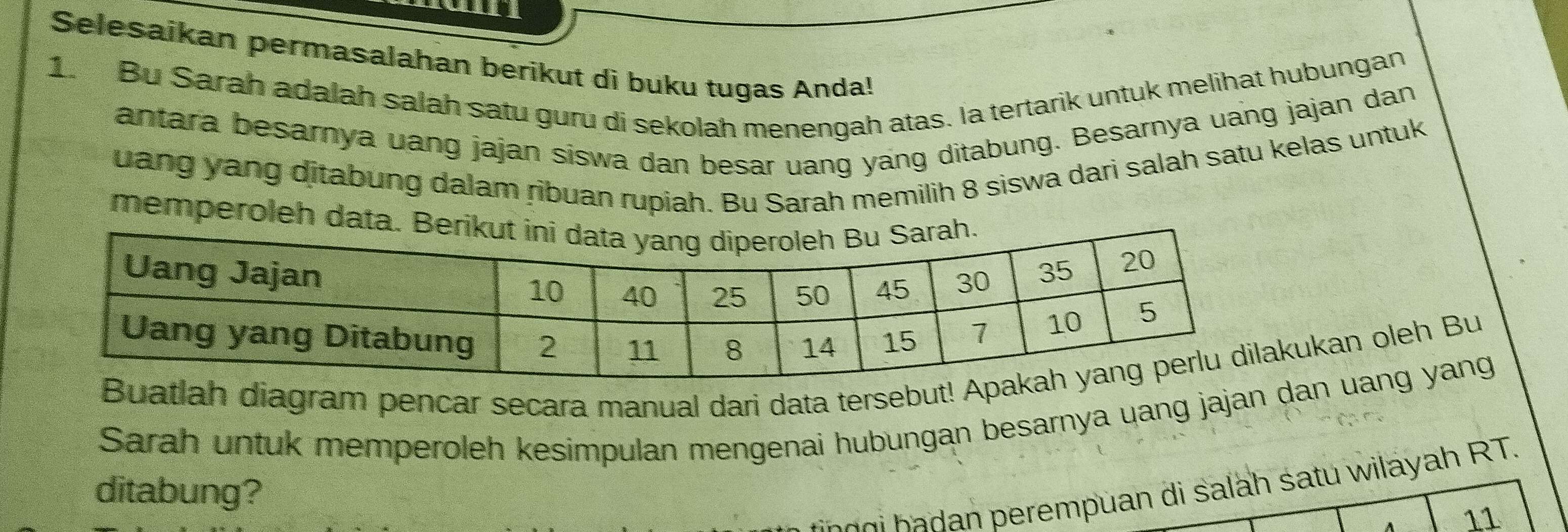 Selesaikan permasalahan berikut dì buku tugas Anda! 
1. Bu Sarah adalah salah satu guru di sekolah menengah atas. la tertarik untuk melihat hubungan 
antara besarnya uang jajan siswa dan besar uang yang ditabung. Besarnya uang jajan dan 
uang yang ditabung dalam ribuan rupiah. Bu Sarah memilih 8 siswa dari salah satu kelas untuk 
memperoleh da 
atlah diagram pencar secara manual dari data tersebutkukan oleh Bu 
Sarah untuk memperoleh kesimpulan mengenai hubungan besarnya uang jajan dan uang yang 
ditabung? 
rempuan di salah satu wilayah RT. 
11